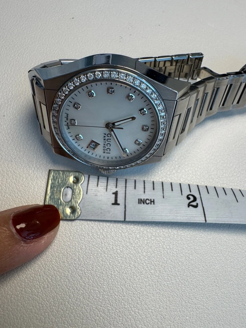 Gucci Pantheon Silver Watch with White Dial and Diamond Bezel